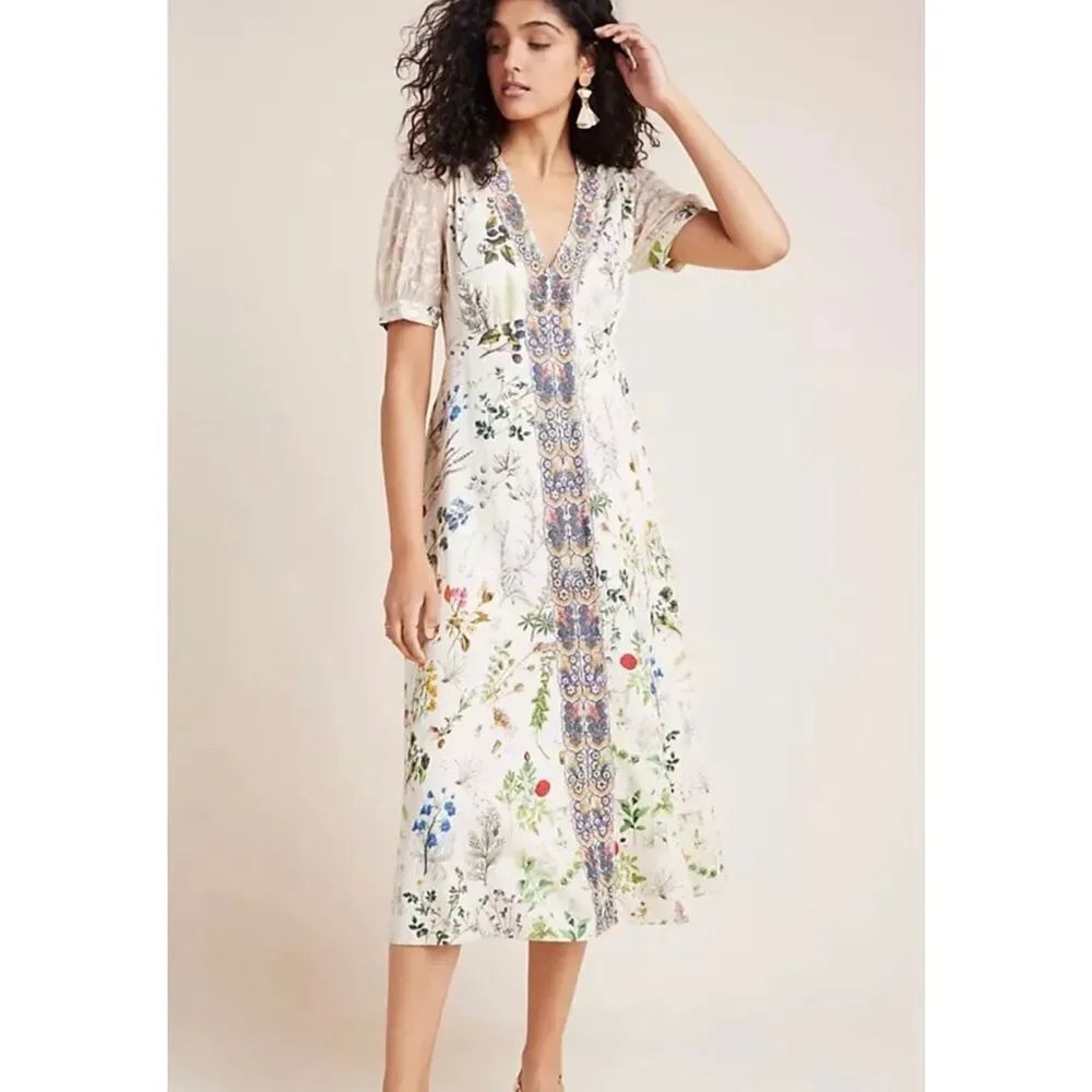 Anthropologie Gesha Designs Donna floral puff sleeve lace midi dress small
